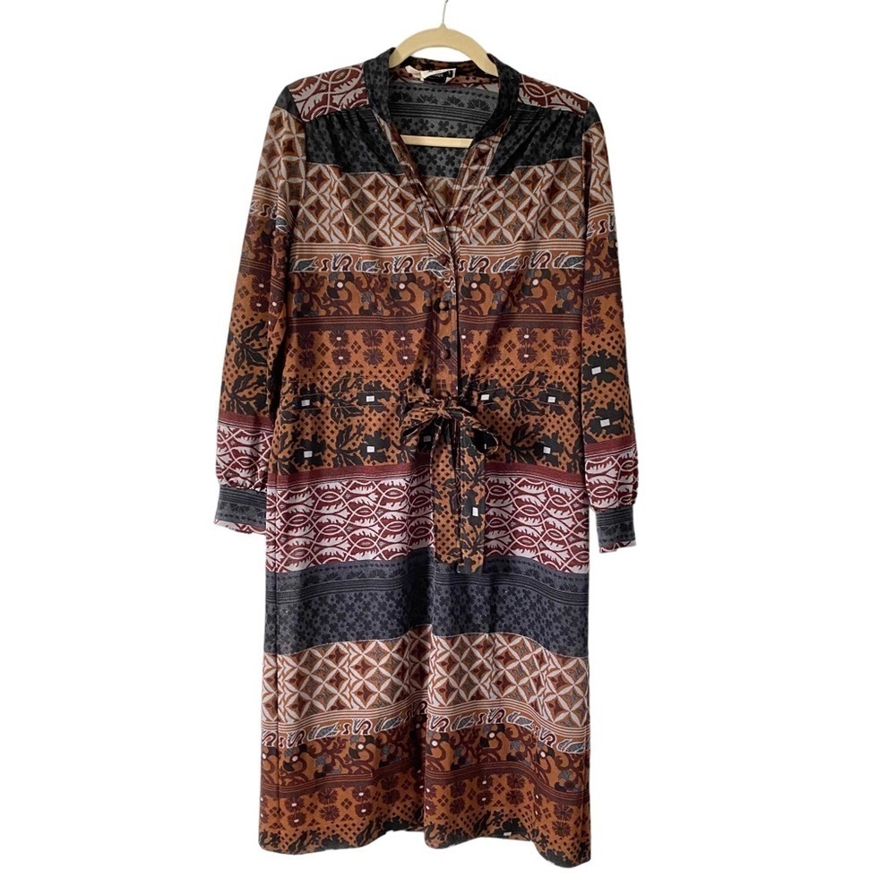 Vintage Geometric Floral Print Dress Brown Black Retro 60s 70s Womens Medium - Picture 1 of 9